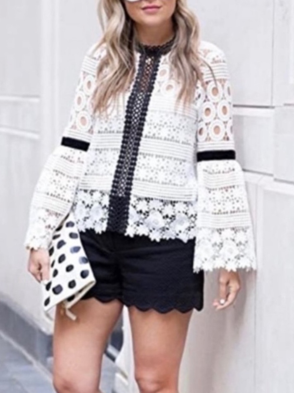 Chicwish White Eyelet Lace Bell Sleeve Top with Black Trim